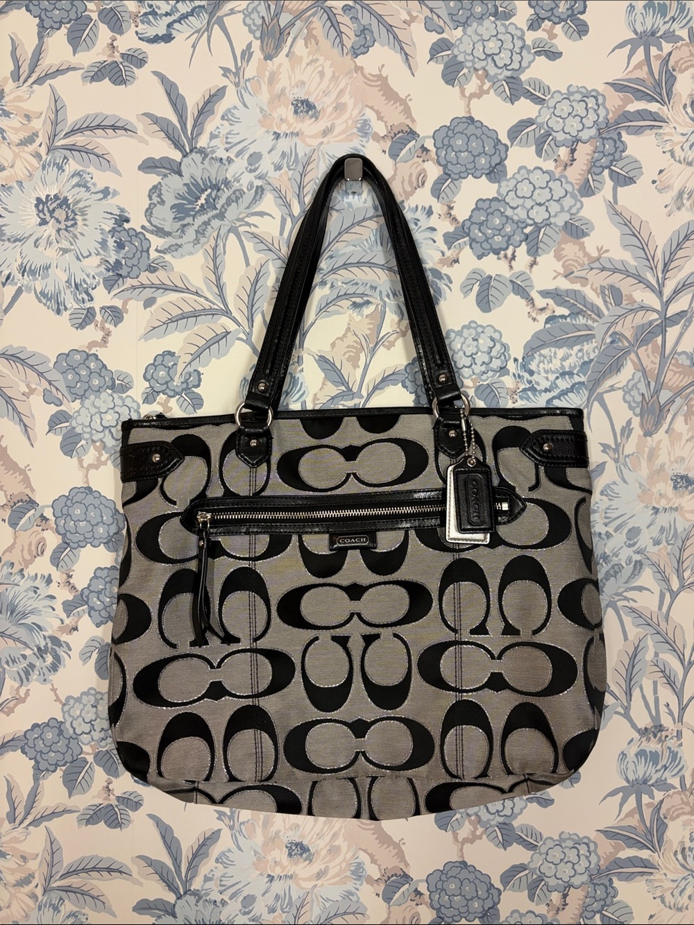 Coach Black and Gray Signature Tote with Leather Trim